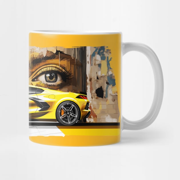 Accelerate Yellow C8 Corvette Stingray Supercar in front of a wall of graffiti with beautiful eyes looking back at you Sports car American Muscle car race car by Tees 4 Thee